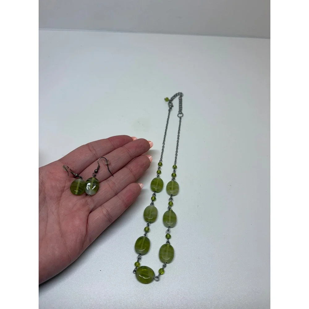 Green Beaded Jewelry Set Necklace and Earring Gunmetal Tone Chain
